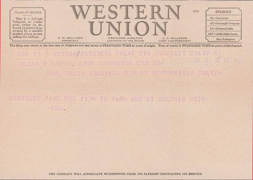 [Telegram to Clara Breed from Tetsuzo (Ted) Hirasaki, Pasadena, California, July 7, 1942]