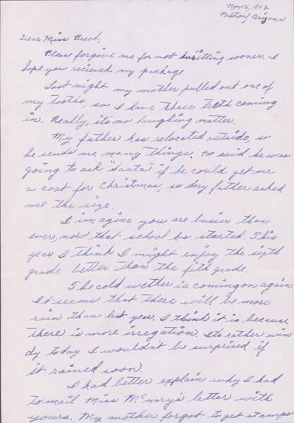 [Letter to Clara Breed from Katherine Tasaki, Poston, Arizona, November 6, 1943]