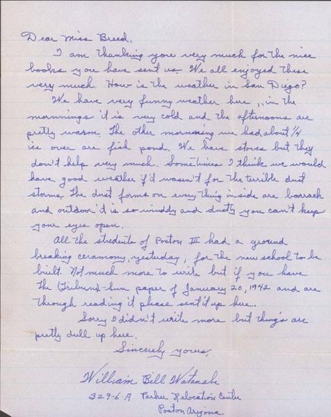 [Letter to Clara Breed from William (Bill) Watanabe, Poston, Arizona, January 22, 1943]