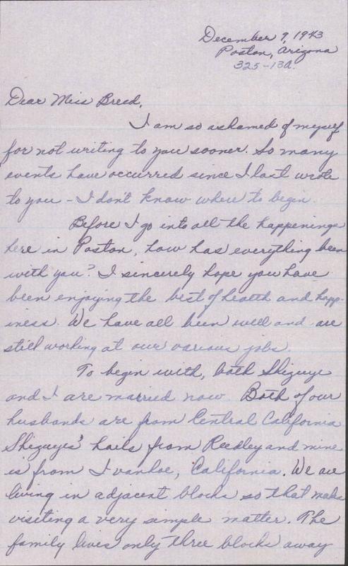 [Letter to Clara Breed from Yoshiko Kihara, Poston, Arizona, December 9, 1943]