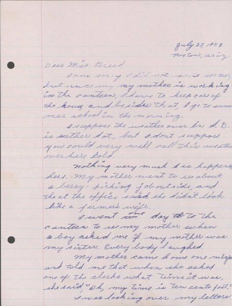 [Letter to Clara Breed from Katherine Tasaki, Poston, Arizona, July 22, 1943]