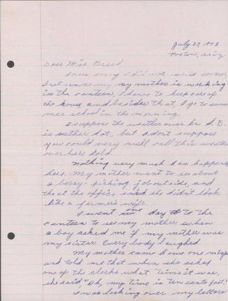 [Letter to Clara Breed from Katherine Tasaki, Poston, Arizona, July 22, 1943]