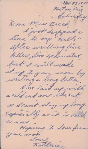 [Postcard to Clara Breed from Katherine Tasaki, Poston, Arizona, November 27, 1943]