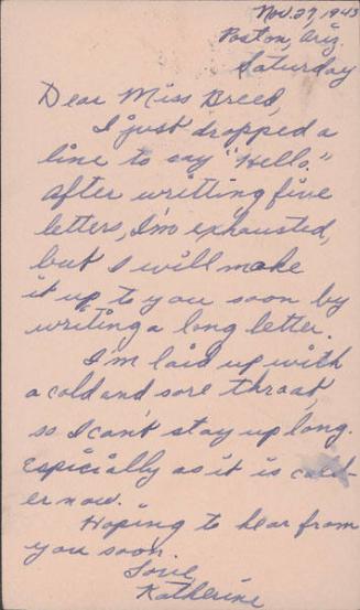 [Postcard to Clara Breed from Katherine Tasaki, Poston, Arizona, November 27, 1943]