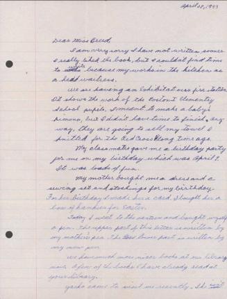 [Letter to Clara Breed from Katherine Tasaki, Poston, Arizona, April 28, 1943]