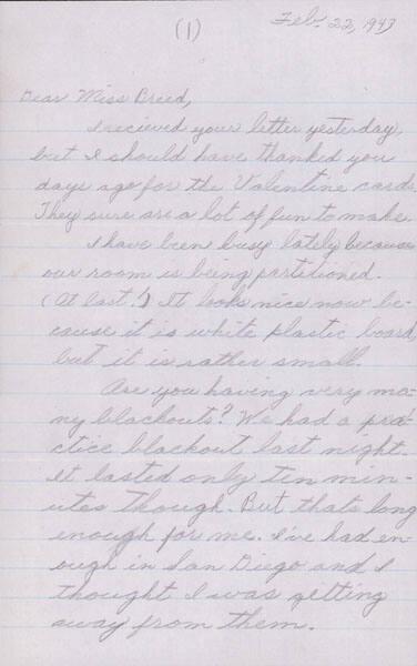 [Letter to Clara Breed from Katherine Tasaki, Poston, Arizona, February 22, 1943]