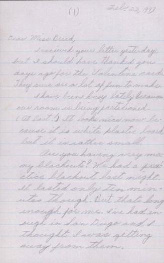 [Letter to Clara Breed from Katherine Tasaki, Poston, Arizona, February 22, 1943]