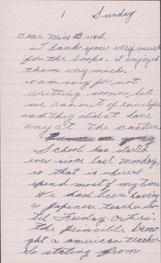 [Letter to Clara Breed from Katherine Tasaki, Poston, Arizona, October 12, 1942]