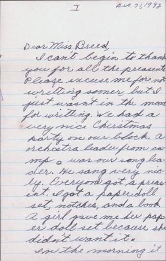 [Letter to Clara Breed to Katherine Tasaki, Poston, Arizona, December 31, 1942]