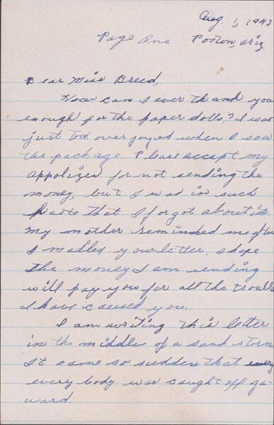 [Letter to Clara Breed from Katherine Tasaki, Poston, Arizona, August 1, 1943]