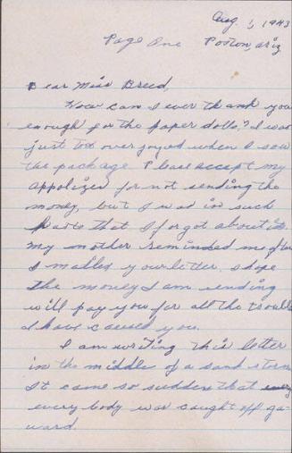 [Letter to Clara Breed from Katherine Tasaki, Poston, Arizona, August 1, 1943]