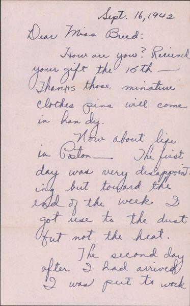 [Letter to Clara Breed form Yaeko Hirasaki, Poston, Arizona, September 16, 1942]