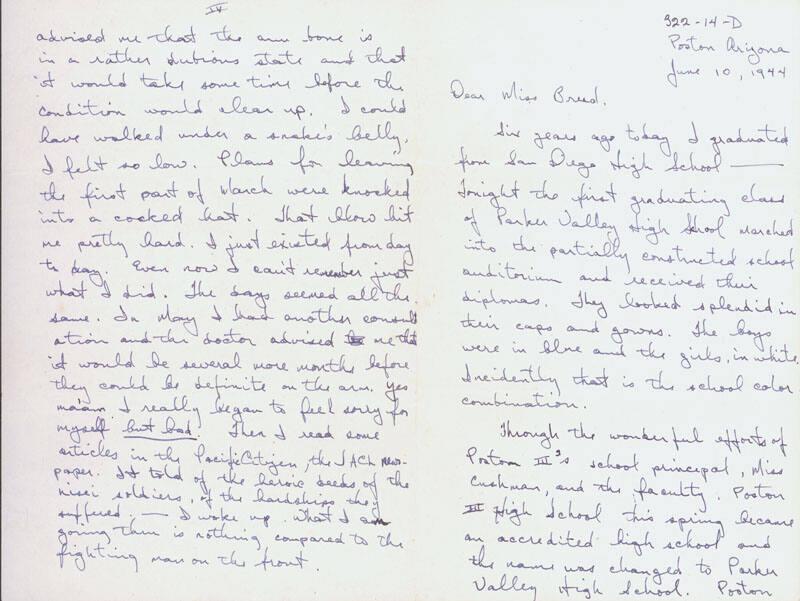 [Letter to Clara Breed from Tetsuzo (Ted) Hirasaki, Poston, Arizona, June 10, 1944]