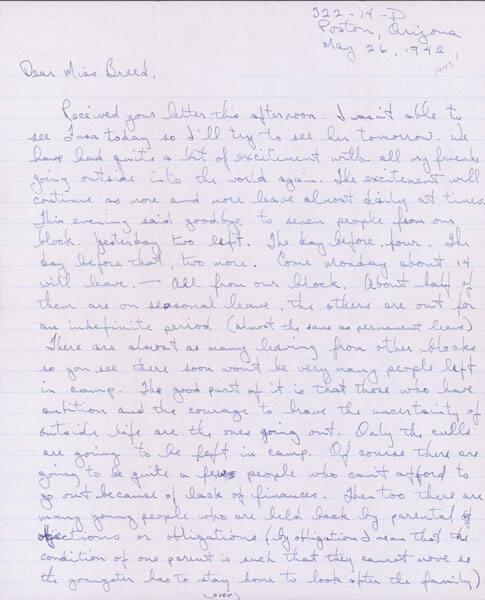 [Letter to Clara Breed from Tetsuzo (Ted) Hirasaki, Poston, Arizona, May 26, 1942]