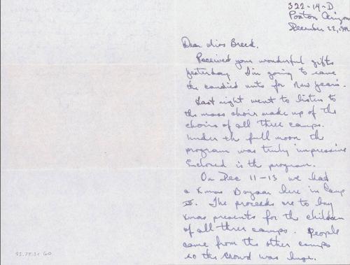 [Letter to Clara Breed from Tetsuzo (Ted) Hirasaki, Poston, Arizona, December 22, 1942]