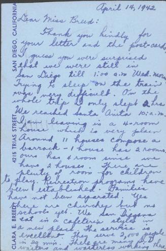 [Postcard to Clara Breed from Margaret Arakawa, Arcadia, California, April 14, 1942]