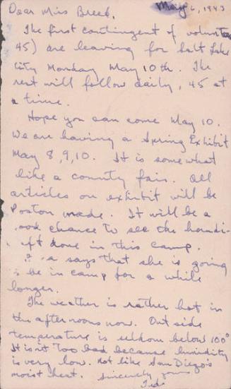 [Postcard to Clara Breed from Tetsuzo (Ted) Hirasaki, Poston, Arizona, May 6, 1943]