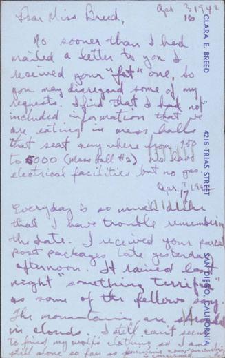 [Postcard to Clara Breed from Tetsuzo (Ted) Hirasaki, Arcadia, California, April 16, 1942]