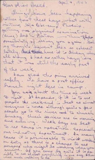 [Postcard to Clara Breed from Tetsuzo (Ted) Hirasaki, Poston, Arizona, April 9, 1943]