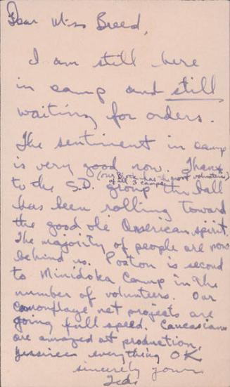 [Postcard to Clara Breed from Tetsuzo (Ted) Hirasaki, Poston, Arizona, 1943]