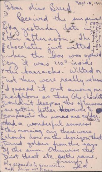 [Postcard to Miss Clara Breed from Tetsuzo (Ted) Hirasaki, Poston, Arizona, September 16, 1942]