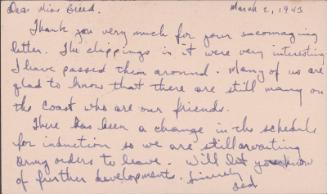 [Postcard to Miss Clara Breed from Tetsuzo (Ted) Hirasaki, Poston, Arizona, March 2, 1943]
