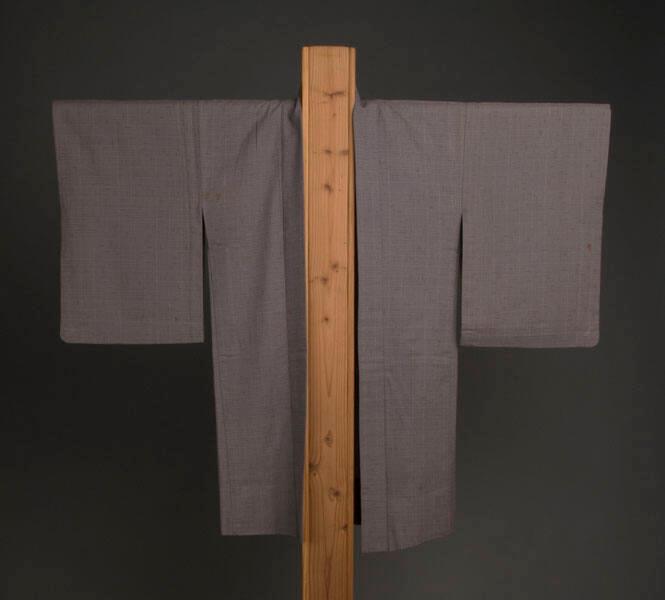 [Gray haori (jacket) with tan and maroon stripes]