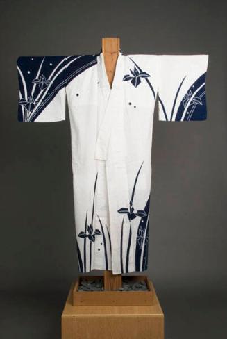 [White yukata with navy blue iris design]