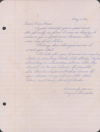 [Letter to Clara Breed from Mizue Himaka, Arcadia, California, May 7, 1942]