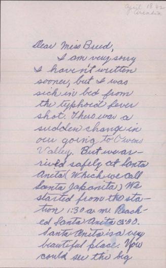 [Letter to Clara Breed from Elizabeth Kikuchi, Arcadia, California, April 18, 1942]