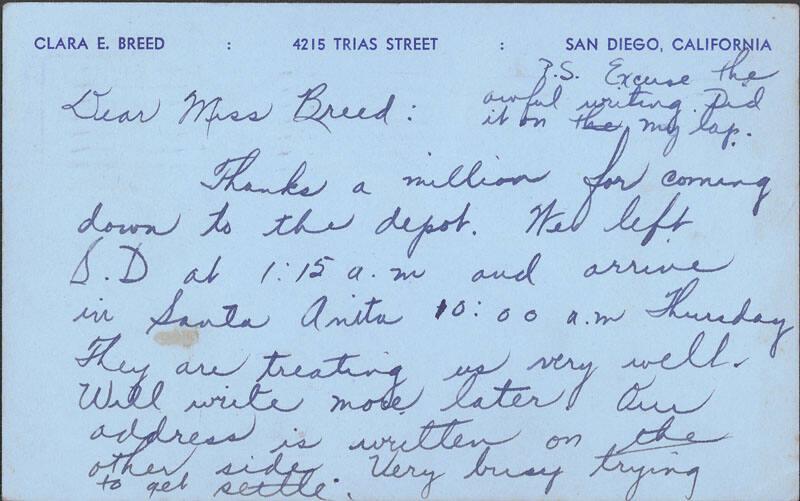 [Postcard to Clara Breed from Margaret Arakawa, Arcadia, California, April 16, 1942]