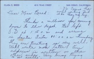 [Postcard to Clara Breed from Margaret Arakawa, Arcadia, California, April 16, 1942]