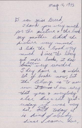 [Letter to Clara Breed from Katherine Tasaki, Arcadia, California, May 16, 1942]