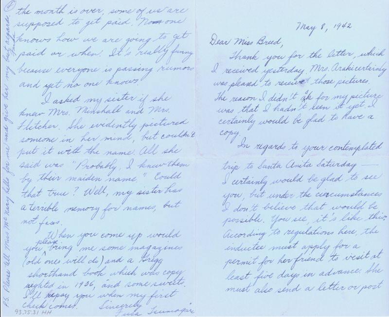 [Letter to Clara Breed from Fusa Tsumagari, Arcadia, California, May 8, 1942]