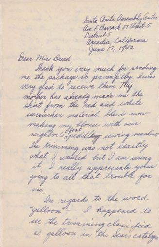 [Letter to Clara Breed from Fusa Tsumagari, Arcadia, California, June 17-19, 1942]