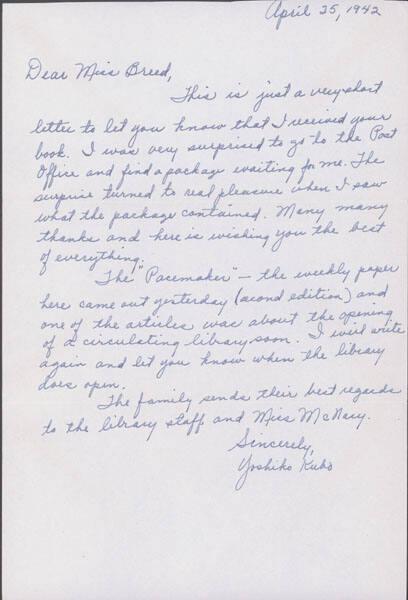 [Letter to Clara Breed from Yoshiko Kubo, Arcadia, California, April 25, 1942]