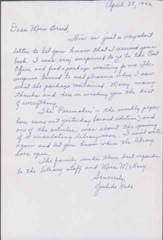 [Letter to Clara Breed from Yoshiko Kubo, Arcadia, California, April 25, 1942]