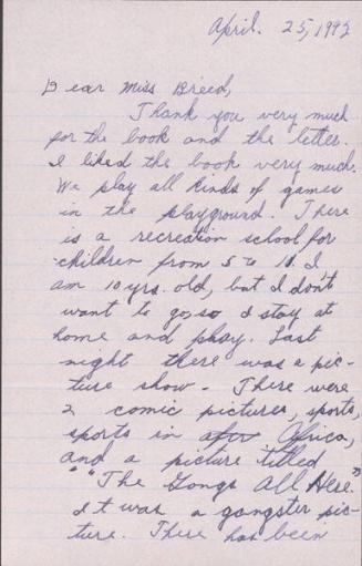 [Letter to Clara Breed from Katherine Tasaki, Arcadia, California, April 25, 1942]