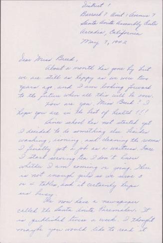 [Letter to Clara Breed from Louise Ogawa, Arcadia, California, May 7, 1942]