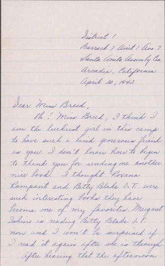 [Letter to Clara Breed from Louise Ogawa, Arcadia, California, April 30, 1942]
