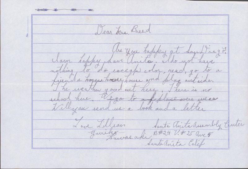 [Letter to Clara Breed from Lillian Yuriko Kawasaki, Arcadia, California, April 22, 1942]