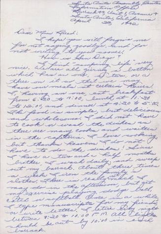 [Letter to Clara Breed from Margaret and Florence Ishino, Arcadia, California, Poston, April 23, 1942]