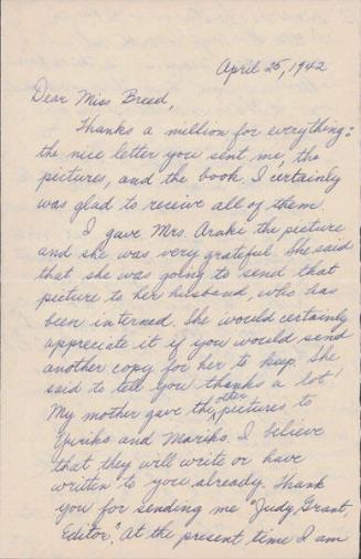 [Letter to Clara Breed from Fusa Tsumagari, April 25, 1942]