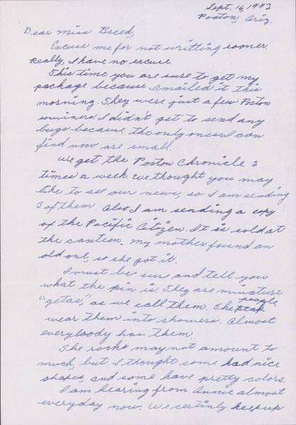 [Letter to Clara Breed from Katherine Tasaki, Poston, Arizona, September 16, 1943]