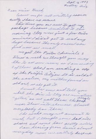 [Letter to Clara Breed from Katherine Tasaki, Poston, Arizona, September 16, 1943]