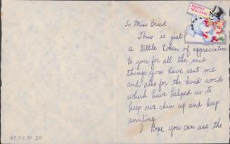 [Card to Clara Breed from Fusa Tsumagari, Poston, Arizona, ca. December 15, 1942]