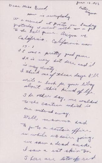 [Letter to Clara Breed from Katherine Tasaki, Poston, Arizona, June 12, 1942]