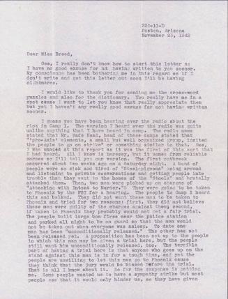 [Letter to Clara Breed from Fusa Tsumagari, Poston, Arizona, November 23, 1942]