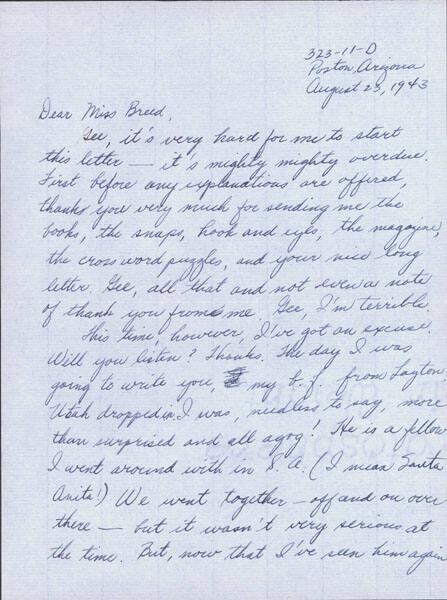 [Letter to Clara Breed from Fusa Tsuamagari, Poston, Arizona, August 23, 1943]