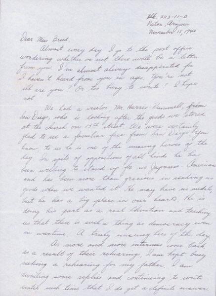 [Letter to Clara Breed from Fusa Tsumagari, Poston, Arizona, November 15, 1943]